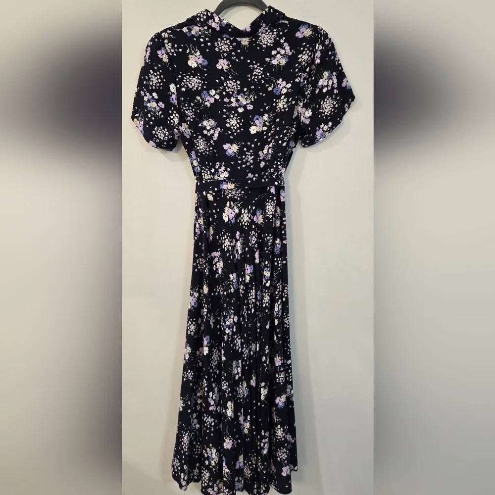 Chaps Navy Blue Dress with Purple Floral Pattern - Picture 5 of 8